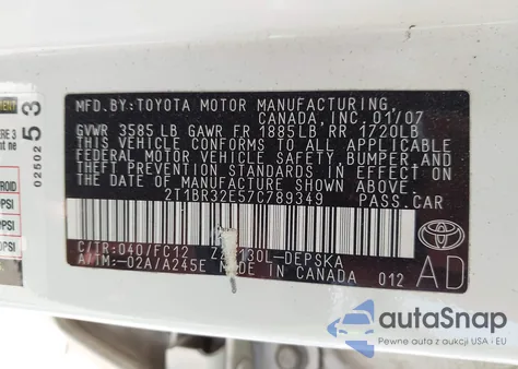 2007 Toyota Corolla S из США, поврежденный, VIN 2T1BR32E57C789349